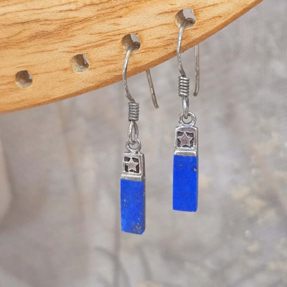 Lapis Lazuli Blue Stone 925 Mexico Delicate Dangle Earrings Sterling Silver